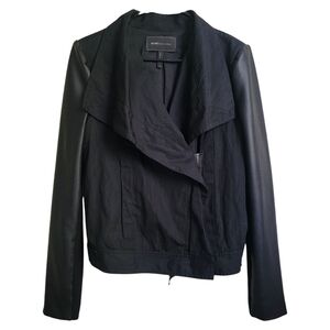 New BCBGMaxazria Black Faux Leather Arm‎ Drape Front Cotton Moto Jacket Medium